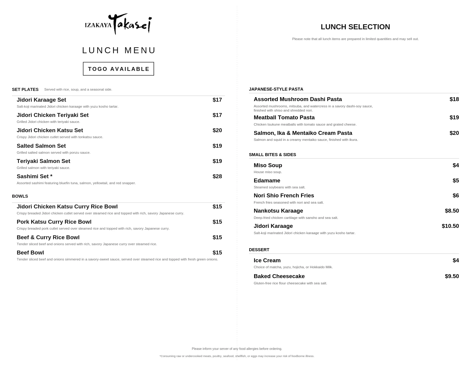 Lunch menu, page 1: set plates, bowls, Japanese-style pasta, small bites and sides, dessert
