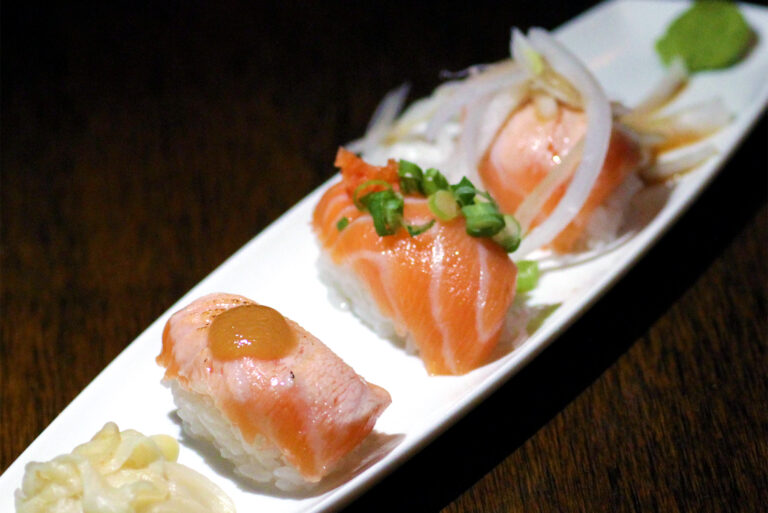 salmon belly nigiri sushi